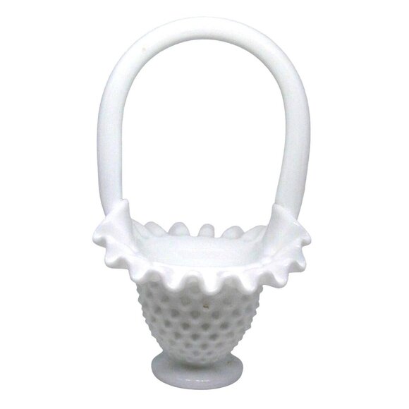 Vintage Fenton White Milk Glass Hobnail Basket with Ruffled Edge and Handle - Picture 3 of 5